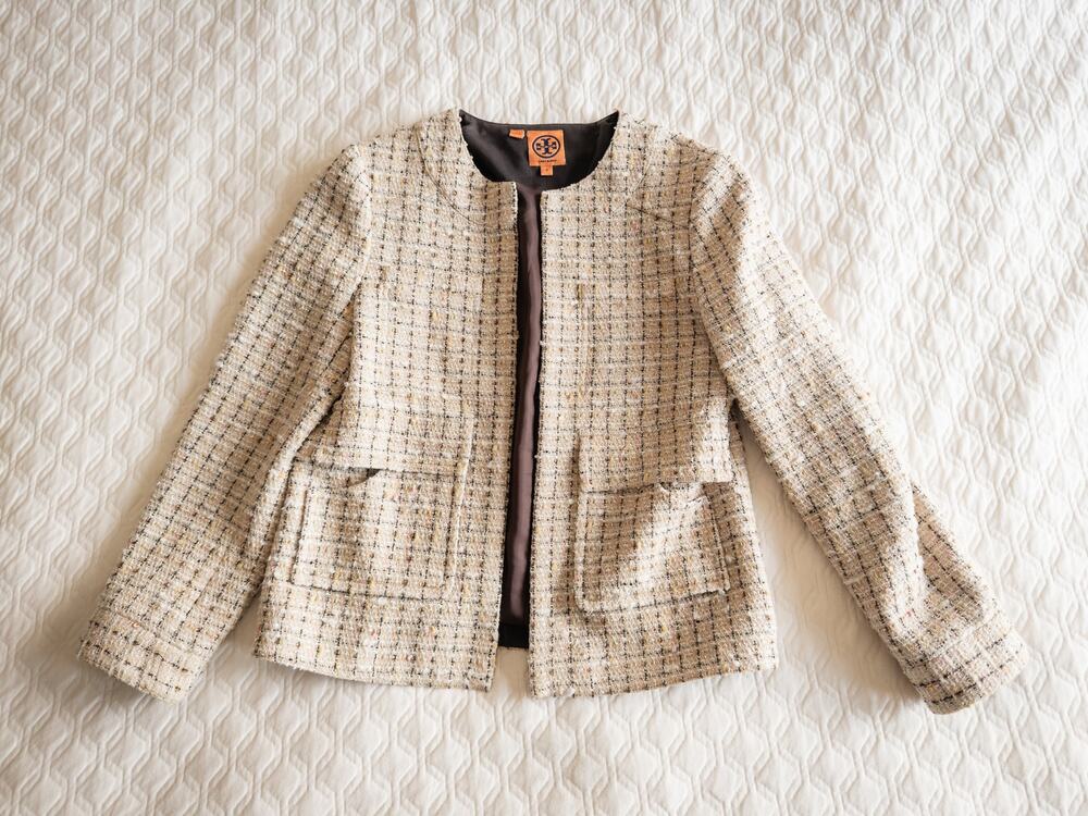 Tory Burch Collarless boxy tweed jacket, open front, Cream Brown Wool Blend Sz 4